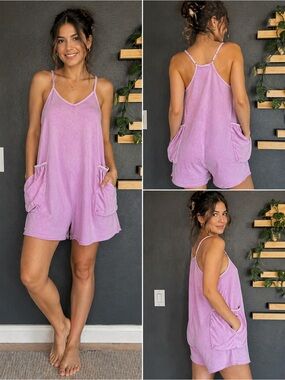 Zenana Oversized Romper Small Pink/Purple Sleeveless Pocket Casual Lounge NWOT